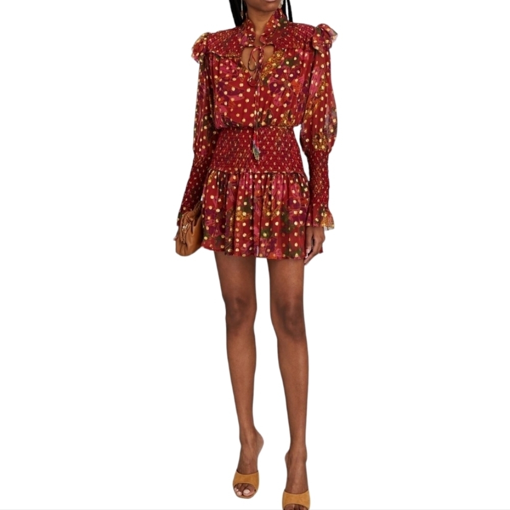 FARM Rio Maroon & Gold Banana Flowers Smocked Mini Dress - Size XL - Picture 3 of 13